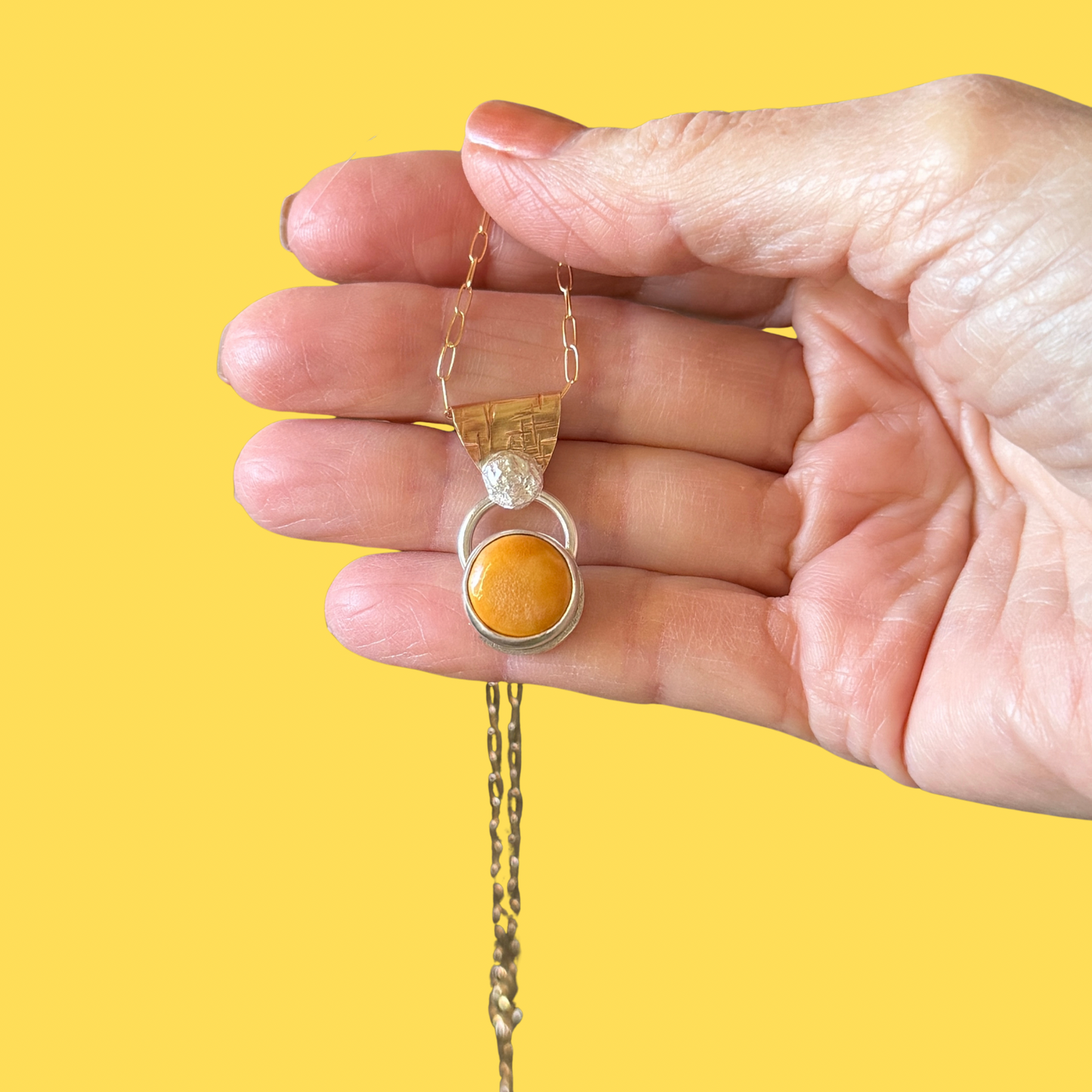 Yellow ceramic pendant in gold and sterling silver, 14K GF necklace