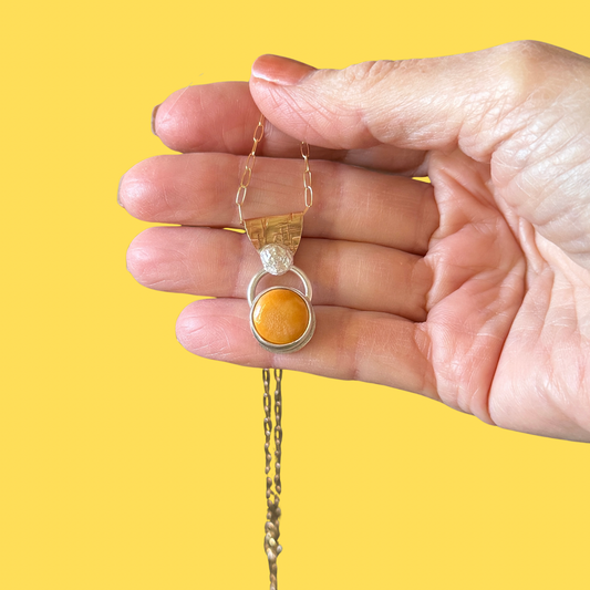 Yellow ceramic pendant in gold and sterling silver, 14K GF necklace