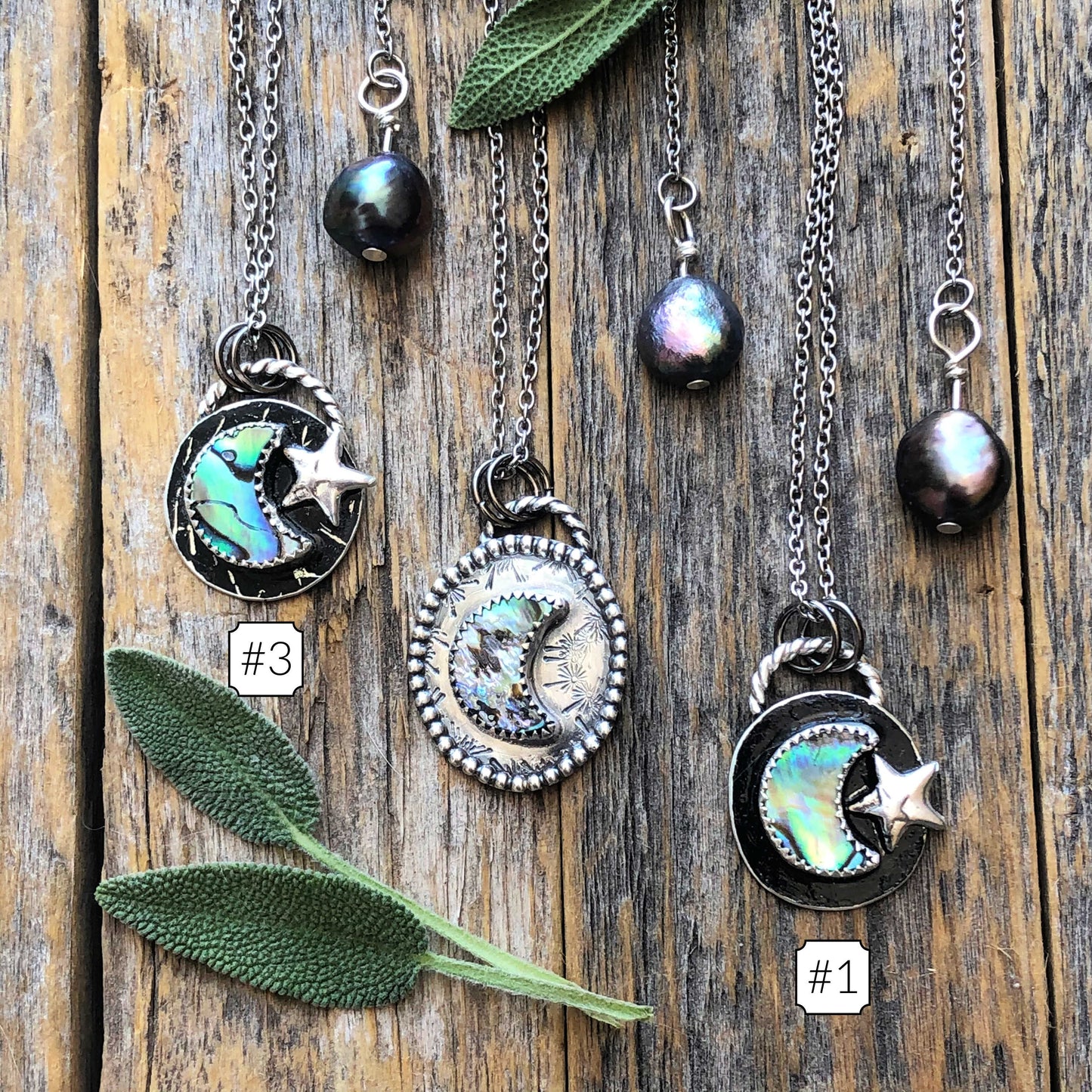 Crescent moon & star Sterling silver necklace with Abalone Shell and Peacock Pearl