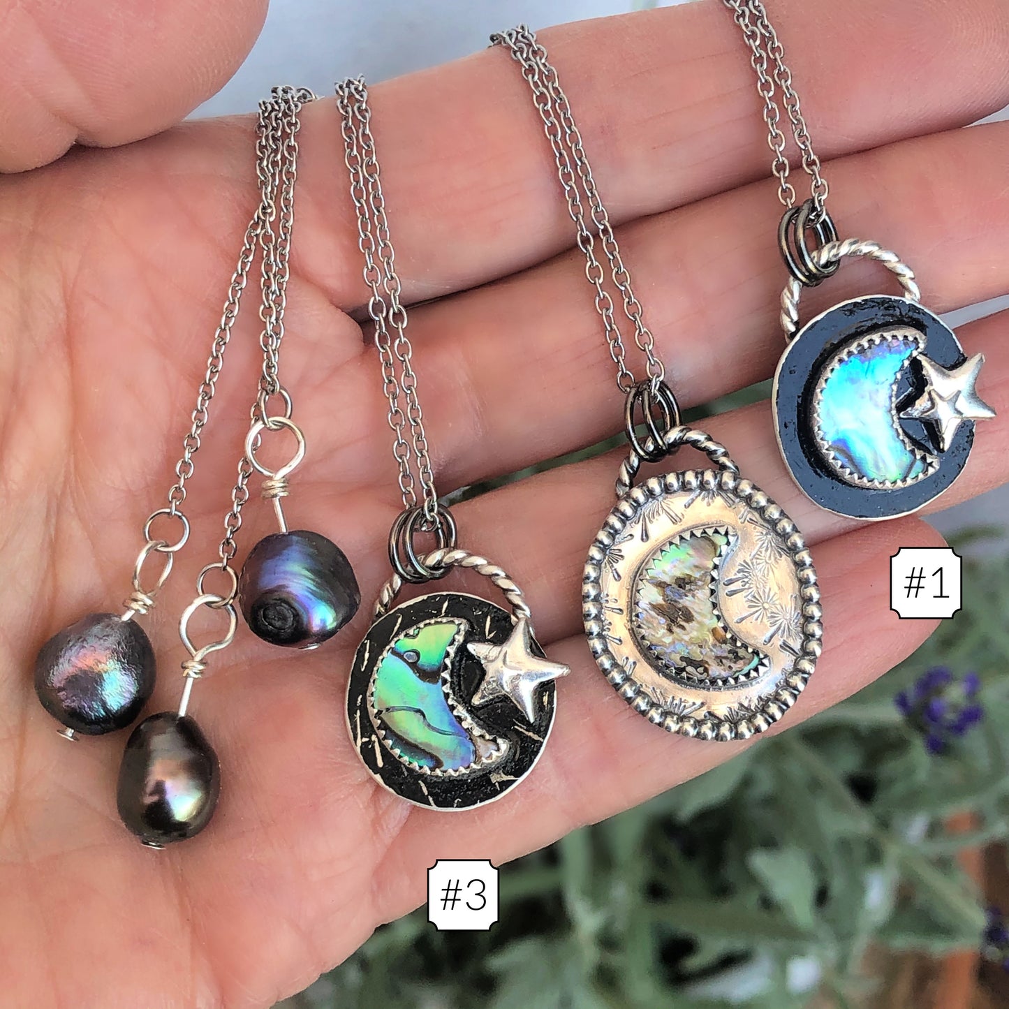 Crescent moon & star Sterling silver necklace with Abalone Shell and Peacock Pearl