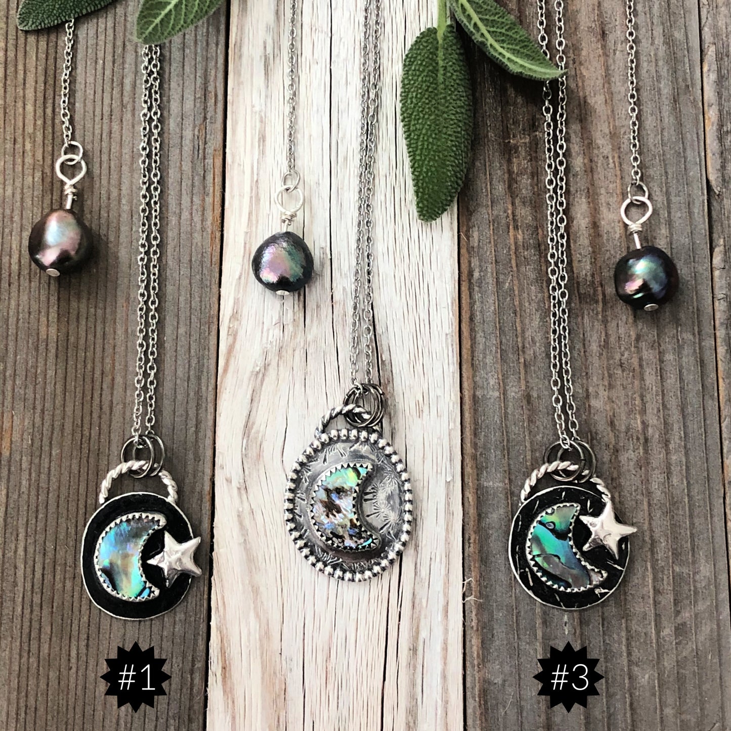Crescent moon & star Sterling silver necklace with Abalone Shell and Peacock Pearl