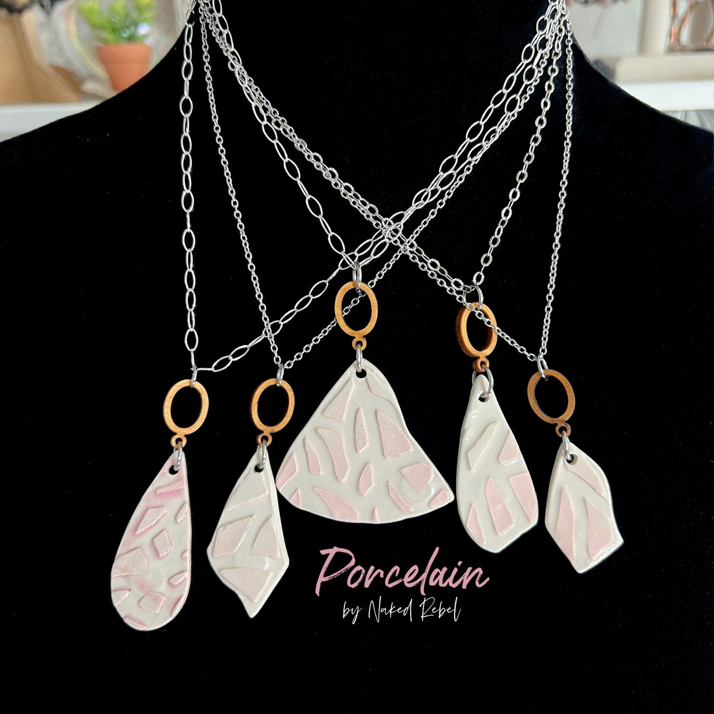 White & Pink Porcelain handmade necklaces, Anniversary gift for Wife