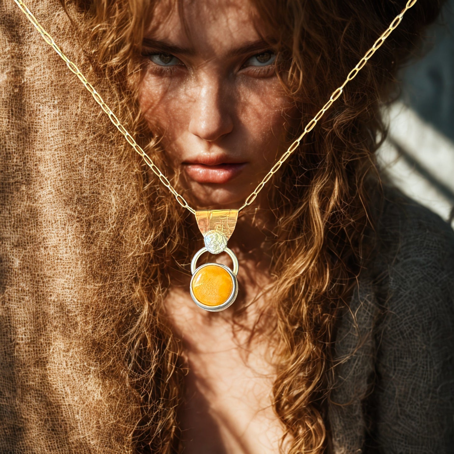 Yellow ceramic pendant in gold and sterling silver, 14K GF necklace