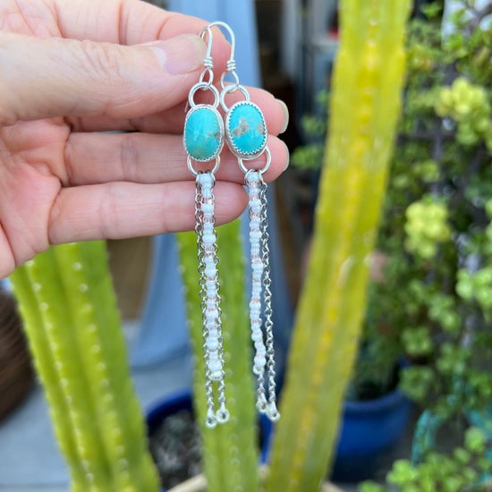 Boho Beaded & Chain Fringe Earrings: Sterling Silver, Turquoise