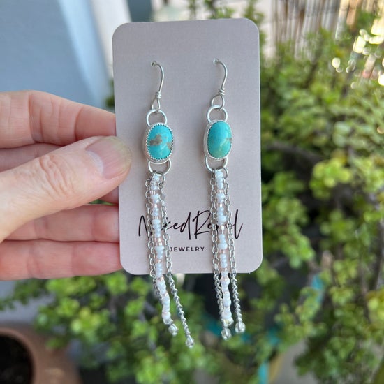 Boho Beaded & Chain Fringe Earrings: Sterling Silver, Turquoise