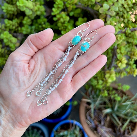 Boho Beaded & Chain Fringe Earrings: Sterling Silver, Turquoise