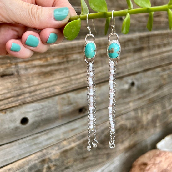 Boho Beaded & Chain Fringe Earrings: Sterling Silver, Turquoise