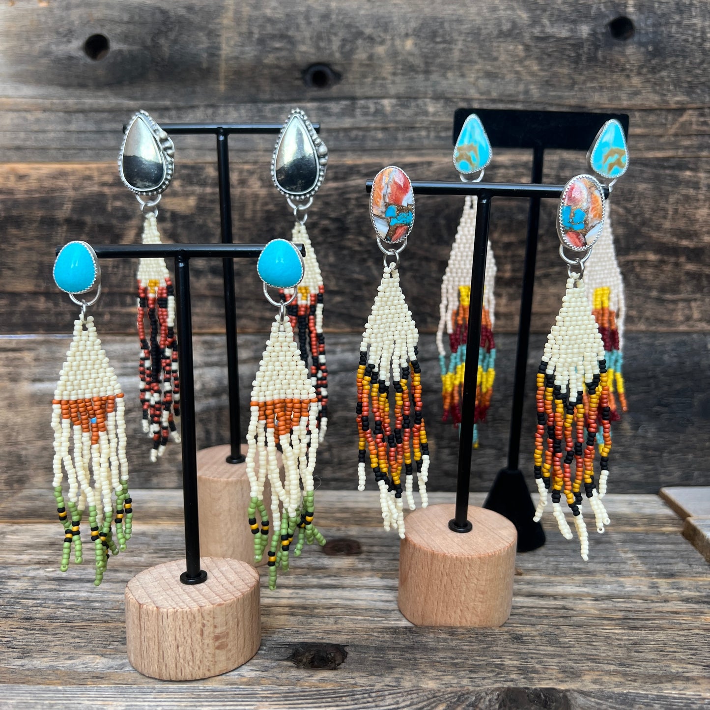 Kingman Mohave Turquoise Sterling Silver earrings with beaded fringe