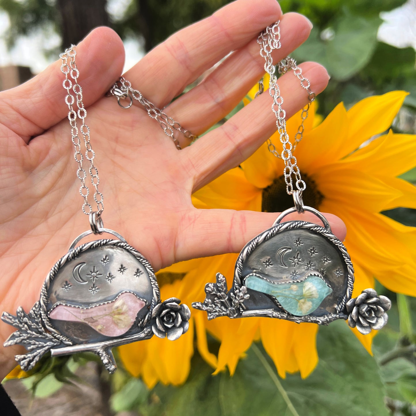 Blue Bird, Starry Night, Handmade Unique Sterling Silver Necklace