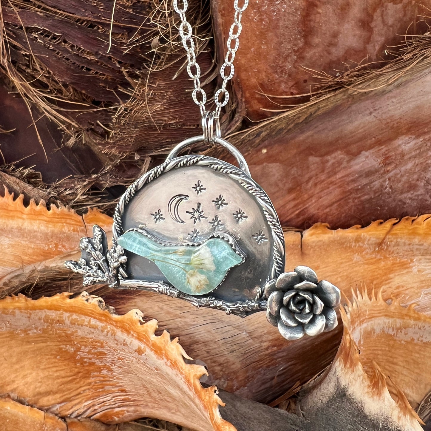 Blue Bird, Starry Night, Handmade Unique Sterling Silver Necklace