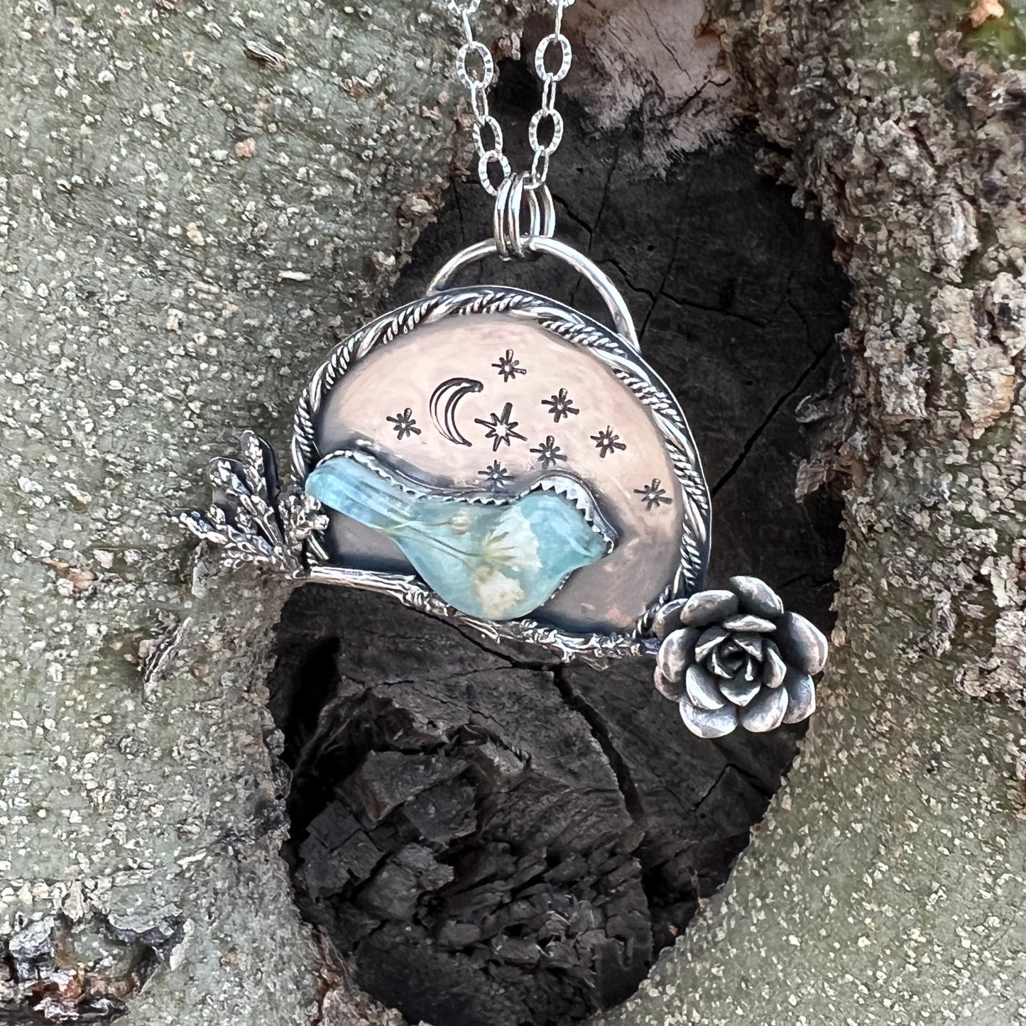 Blue Bird, Starry Night, Handmade Unique Sterling Silver Necklace