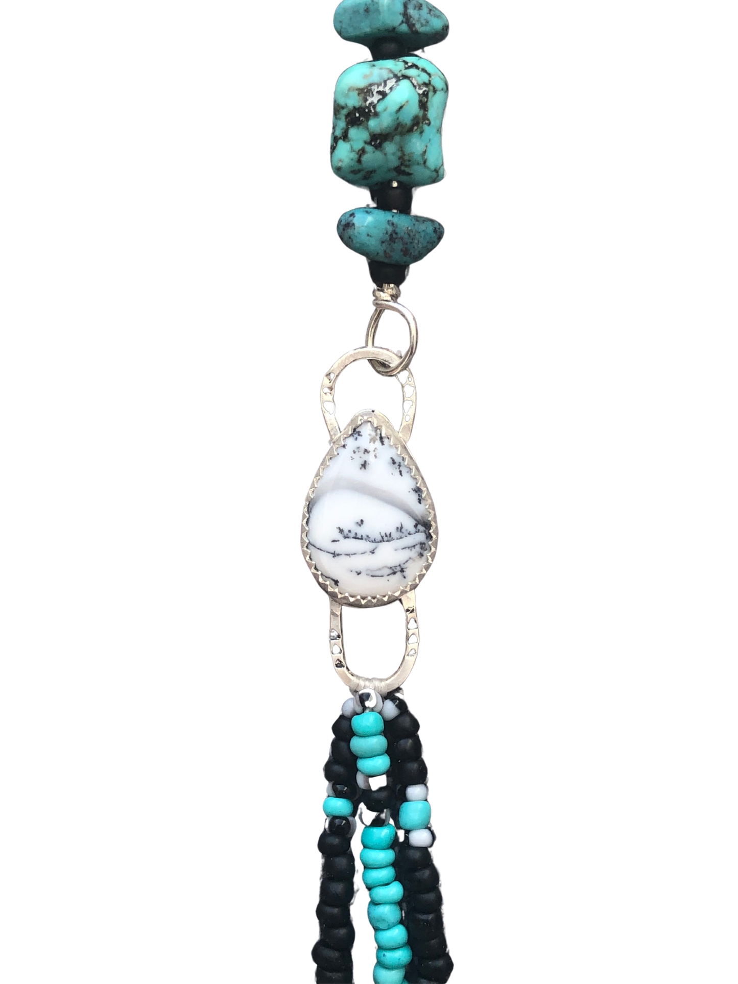 White & Black Dendritic Agate Sterling Silver pendant with turquoise beaded fringe