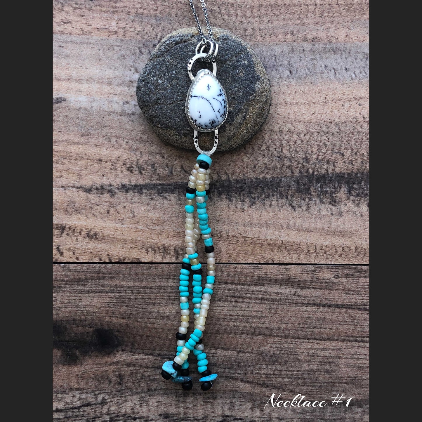 Dendritic Agate Sterling Silver necklace with beaded fringe