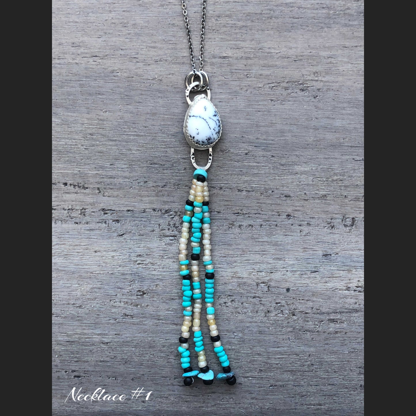 Dendritic Agate Sterling Silver necklace with beaded fringe