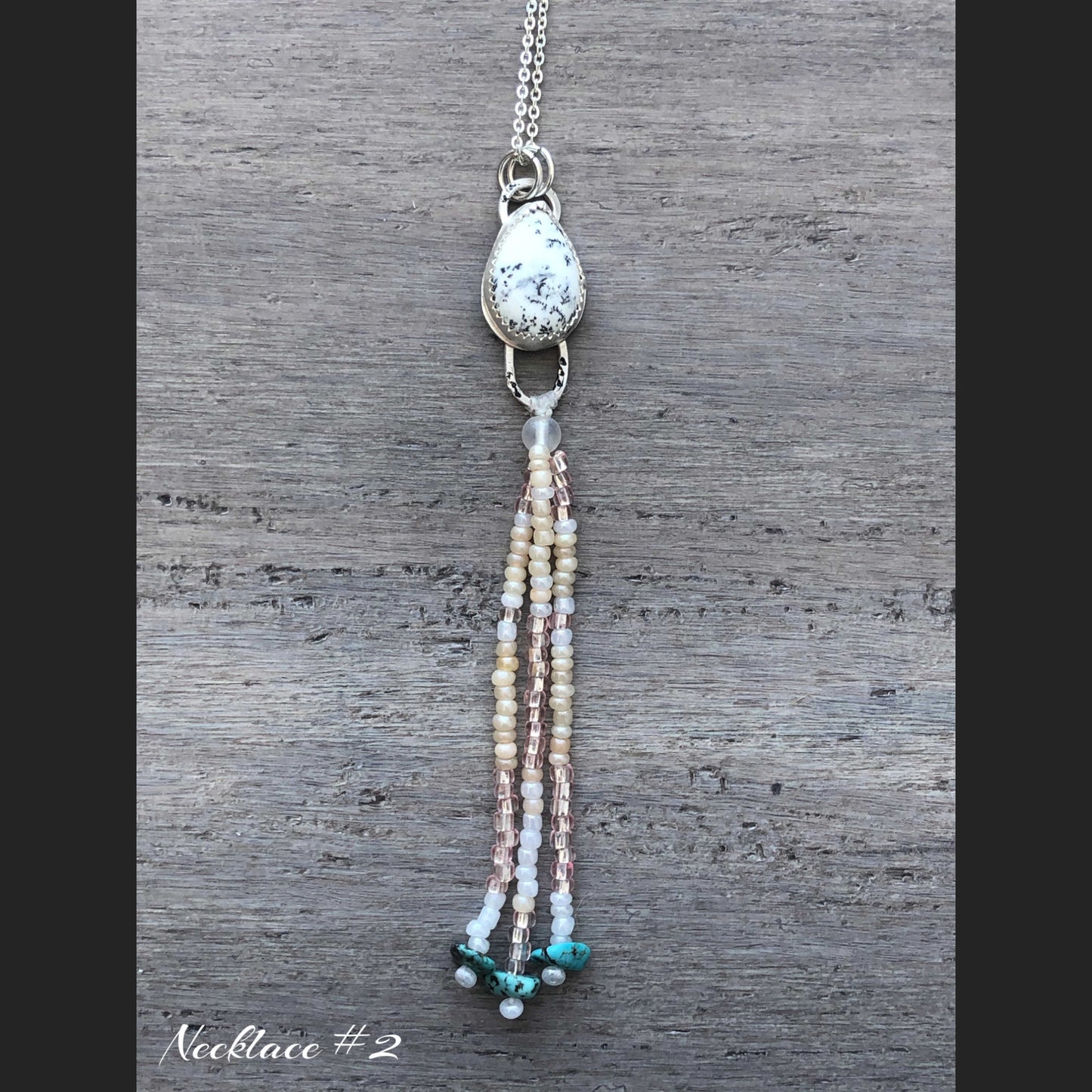 Dendritic Agate Sterling Silver necklace with beaded fringe