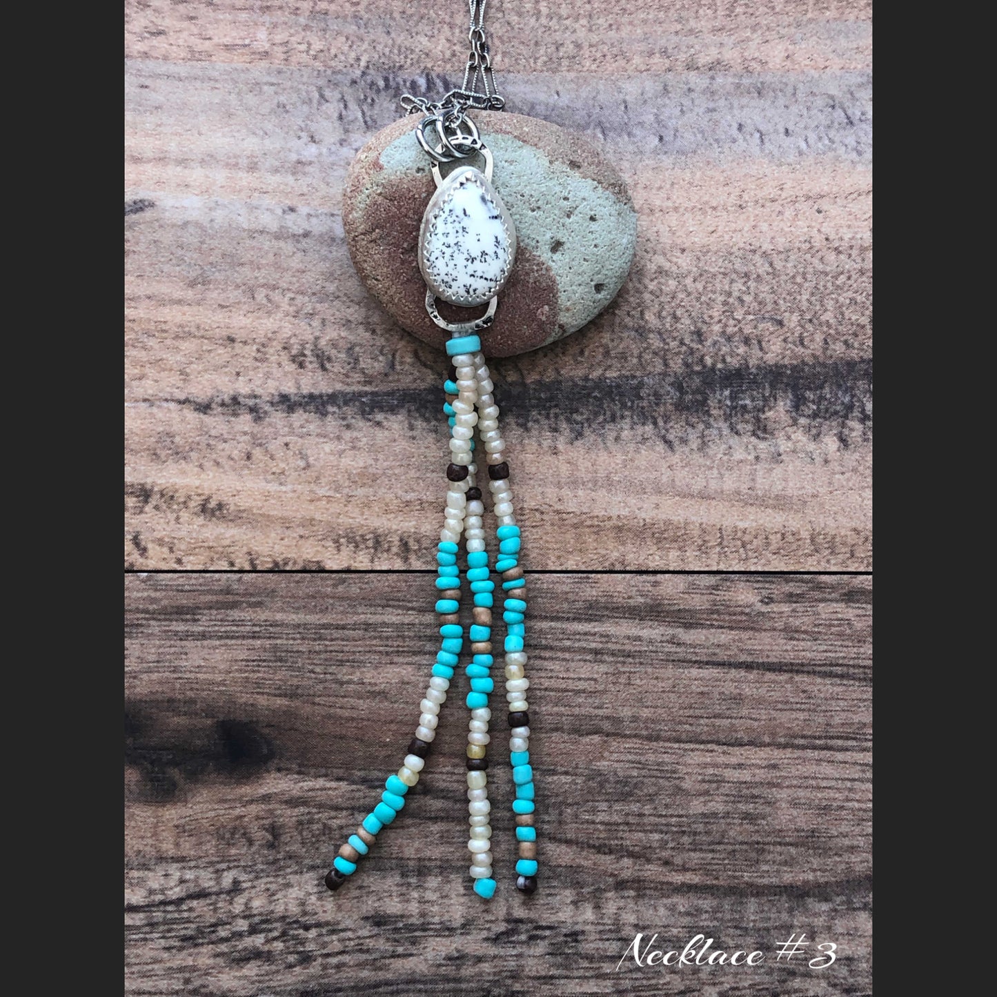 Dendritic Agate Sterling Silver necklace with beaded fringe