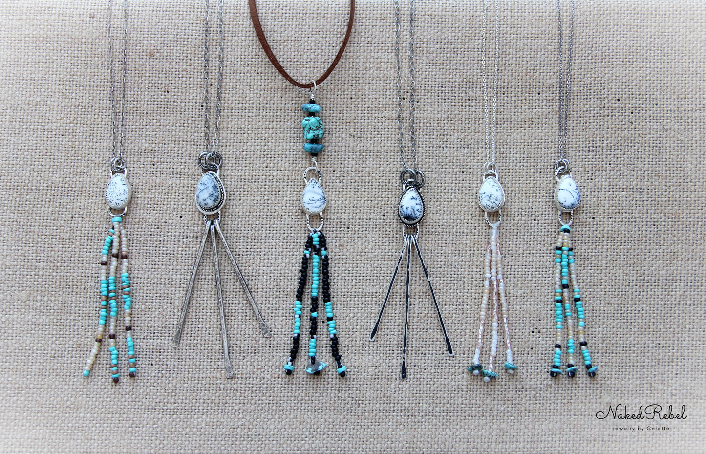 White & Black Dendritic Agate Sterling Silver pendant with turquoise beaded fringe