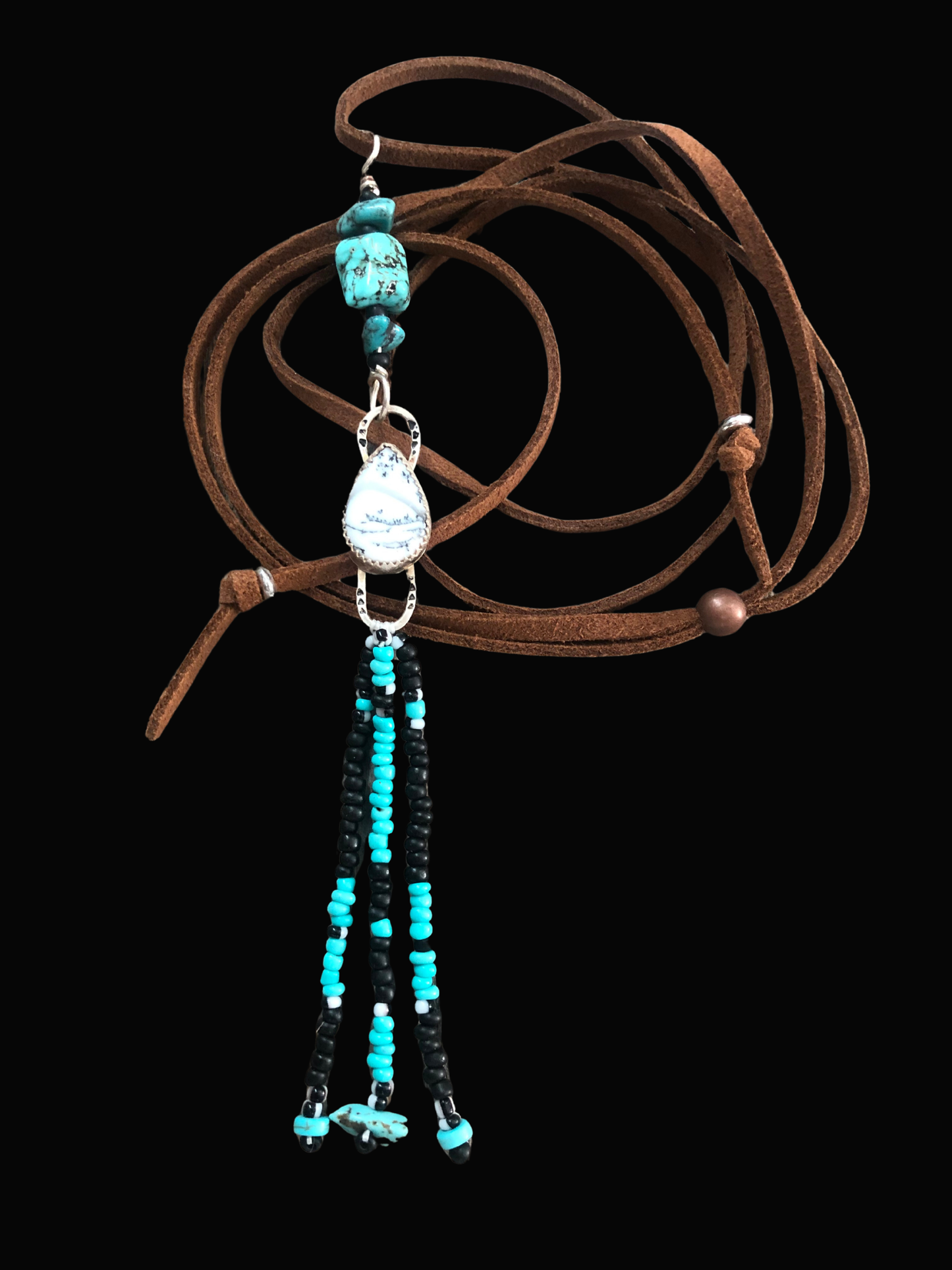 White & Black Dendritic Agate Sterling Silver pendant with turquoise beaded fringe