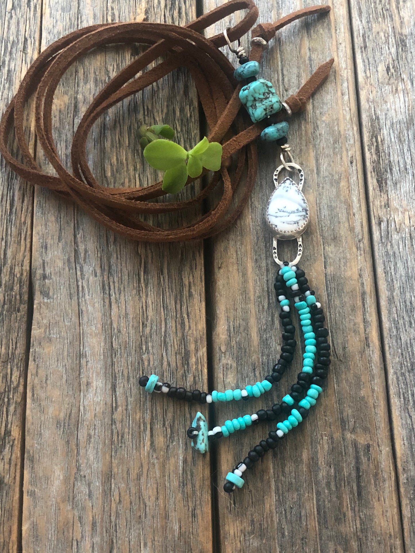 White & Black Dendritic Agate Sterling Silver pendant with turquoise beaded fringe