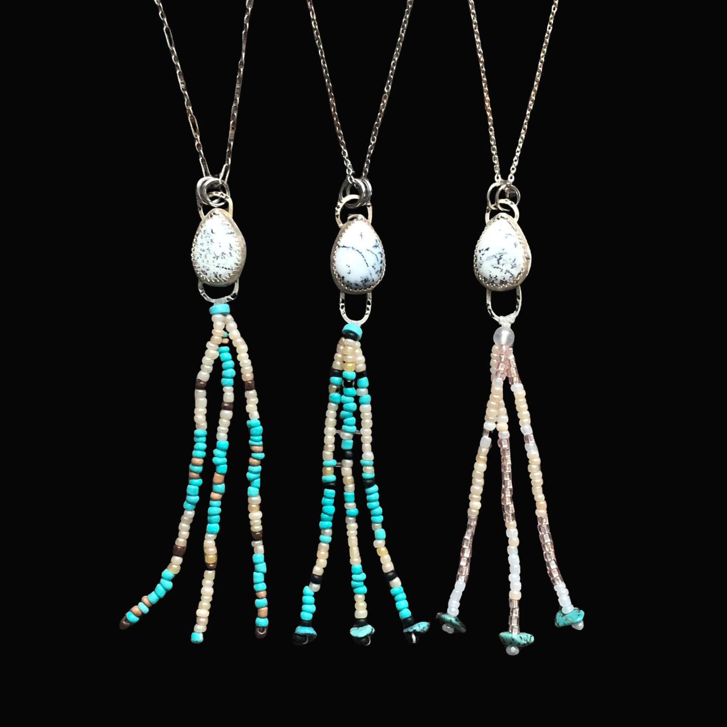 Dendritic Agate Sterling Silver necklace with beaded fringe