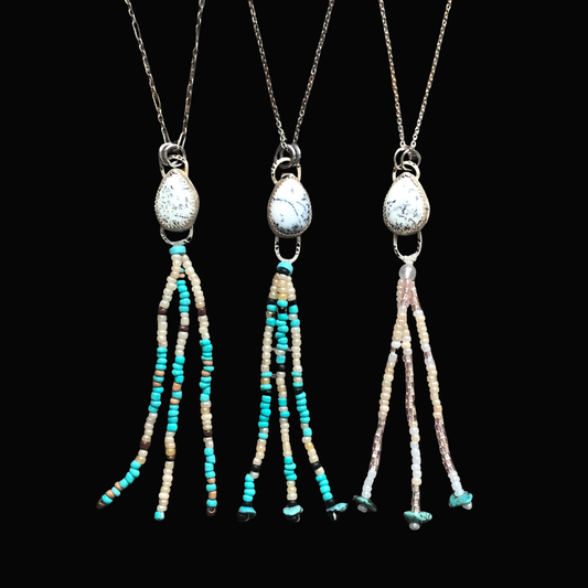Dendritic Agate Sterling Silver necklace with beaded fringe