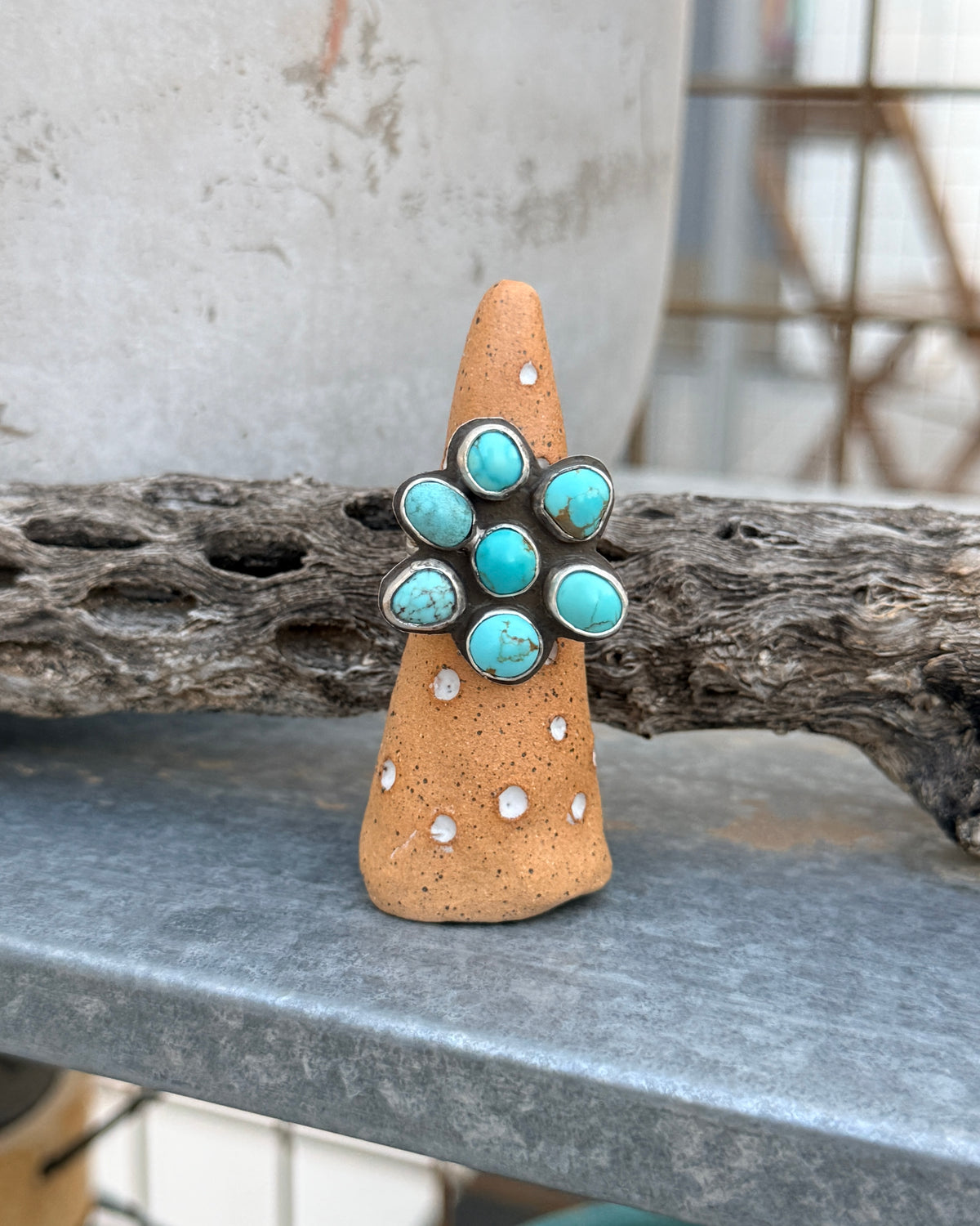 Turquoise flower cluster ring, Sterling Silver handmade Size 8