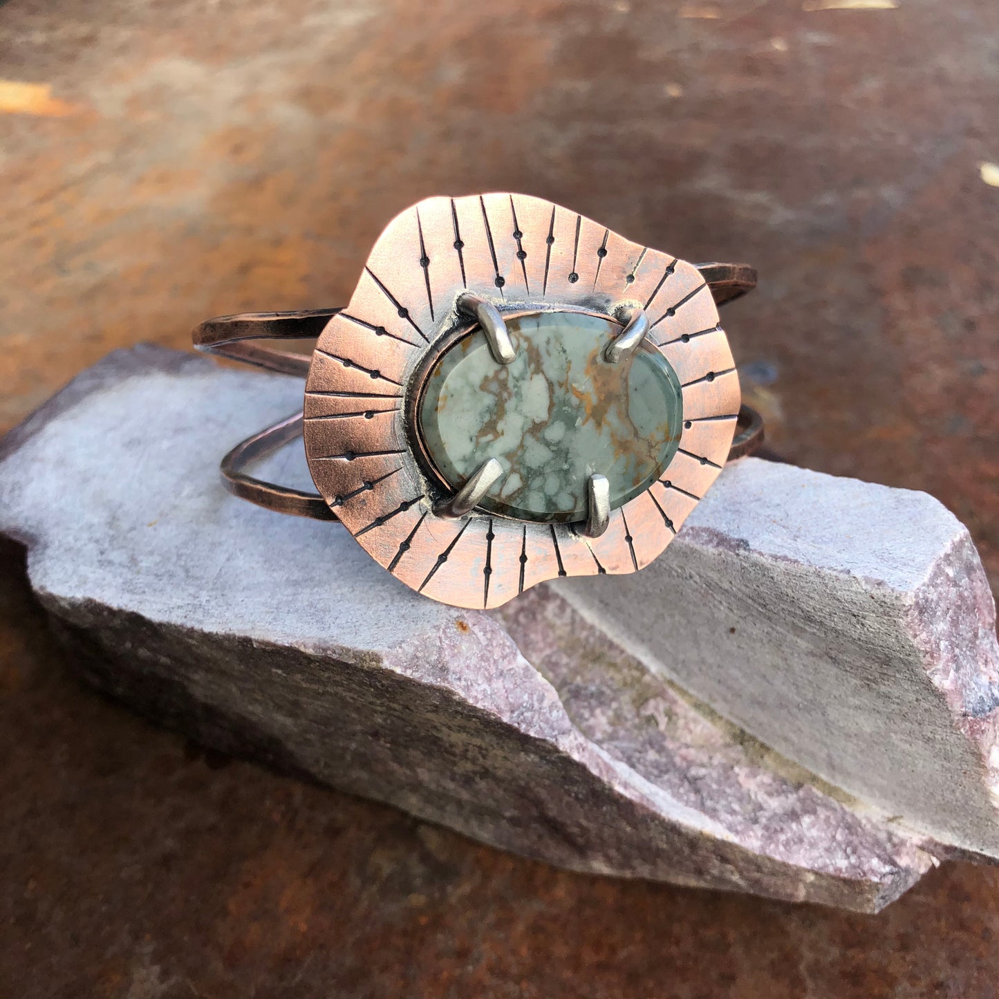 Boho Vibes: Green Jasper & Copper Sunburst Cuff Bracelet
