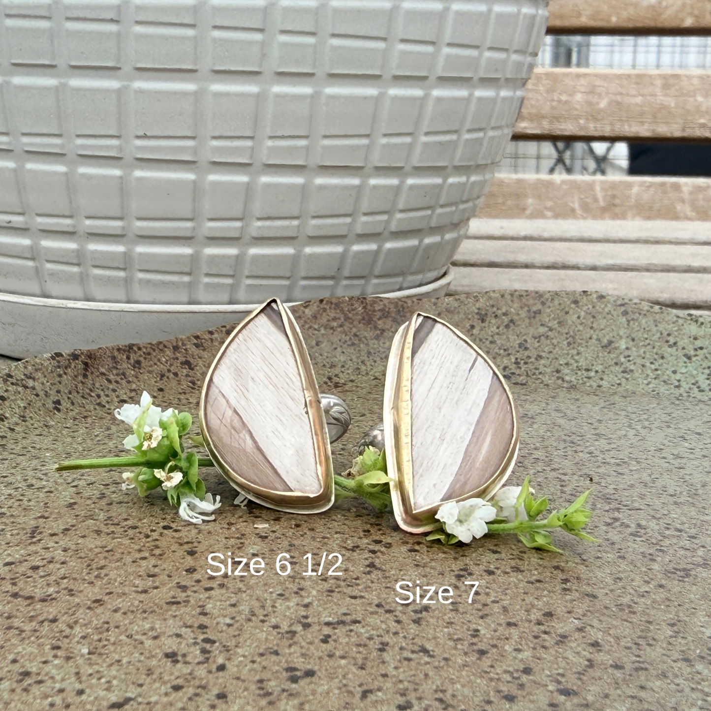 Smokey Petrified Wood Sterling Silver & Gold Ring, Half Moon shape, Matching rings