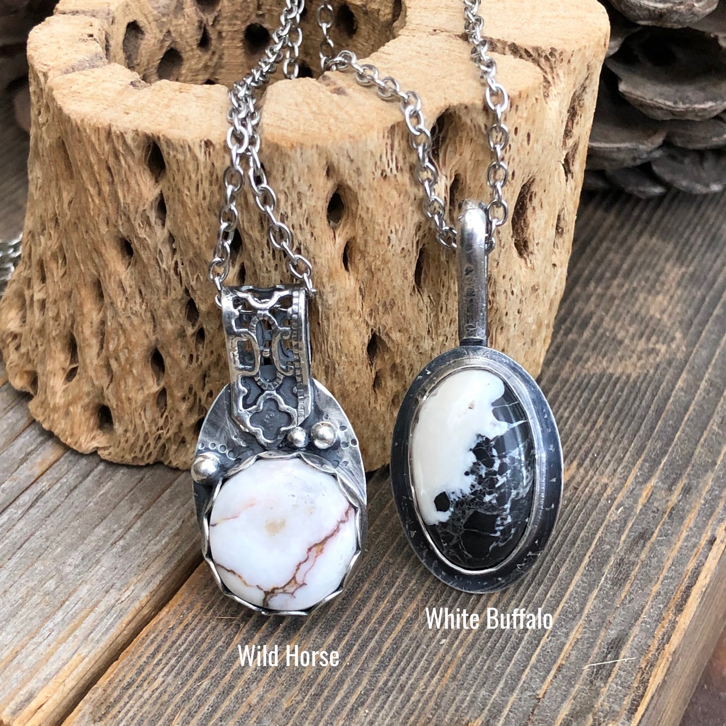 Wild Horse magnesite, White Buffalo turquoise Sterling Silver necklaces