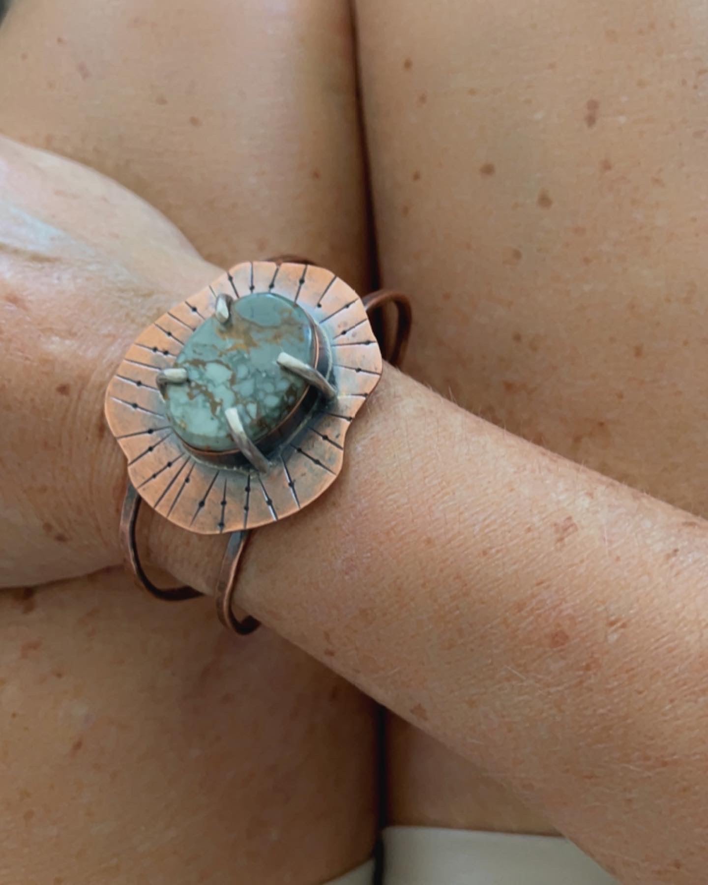 Boho Vibes: Green Jasper & Copper Sunburst Cuff Bracelet