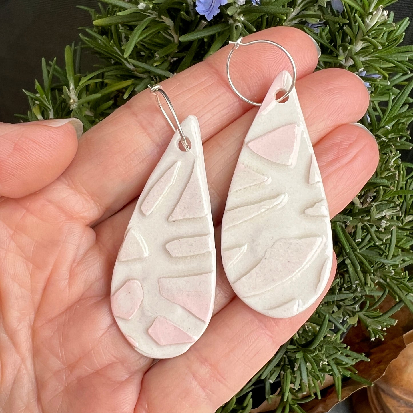 Pink & White porcelain long teardrop earrings: Sterling Silver hoops