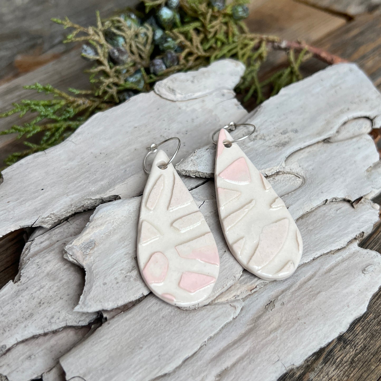 Pink & White porcelain long teardrop earrings: Sterling Silver hoops