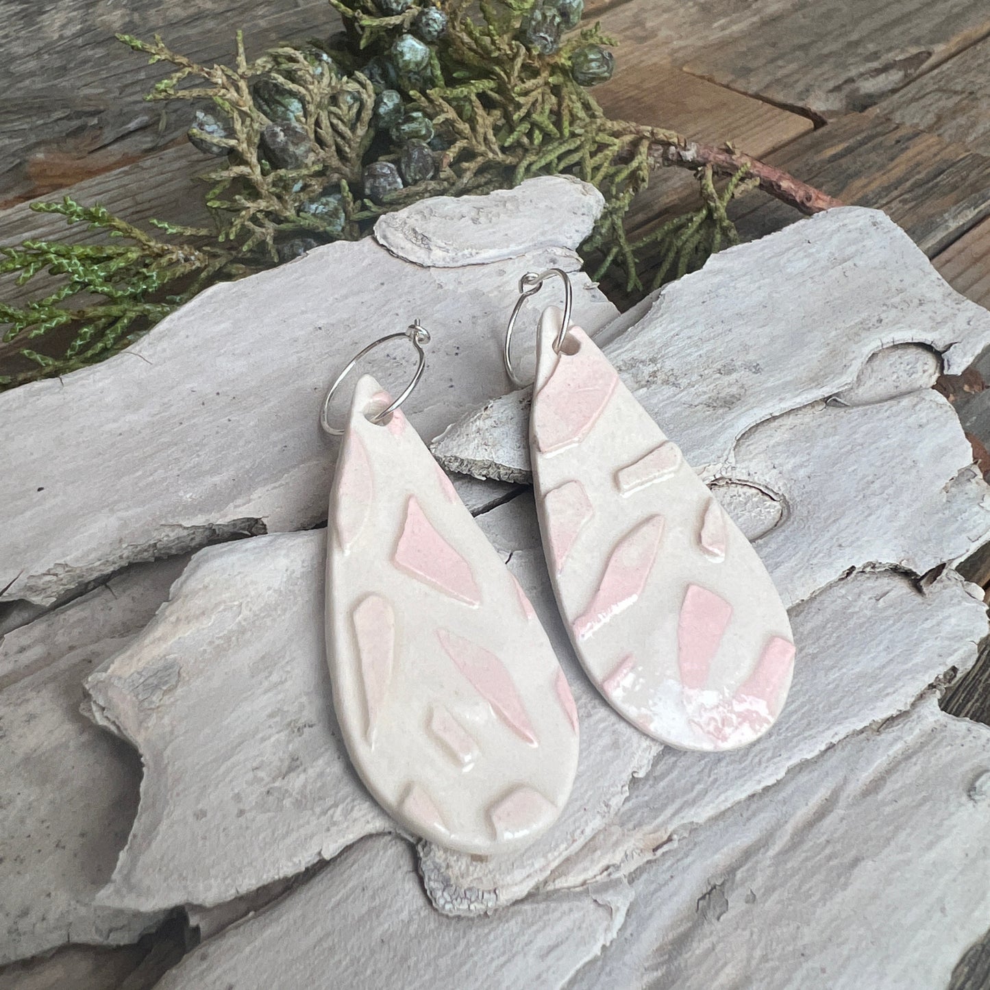 Pink & White porcelain long teardrop earrings: Sterling Silver hoops
