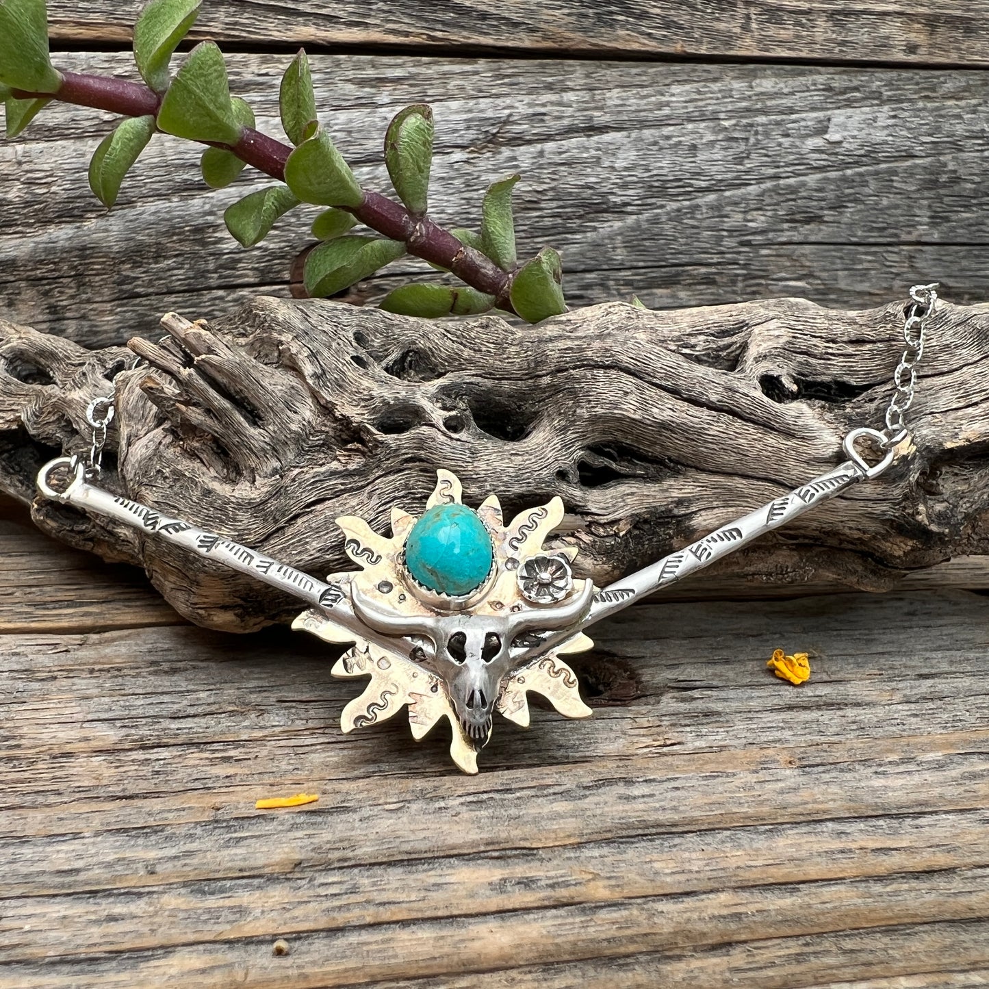 Longhorn Cow Skull Necklace: Turquoise, Sterling Silver
