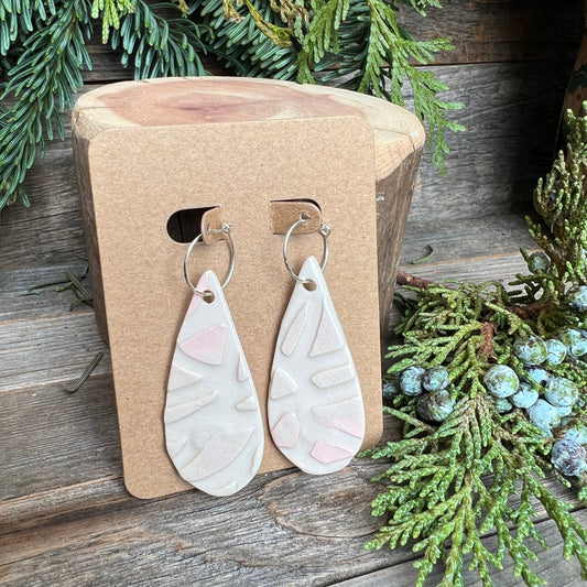 Pink & White porcelain long teardrop earrings: Sterling Silver hoops
