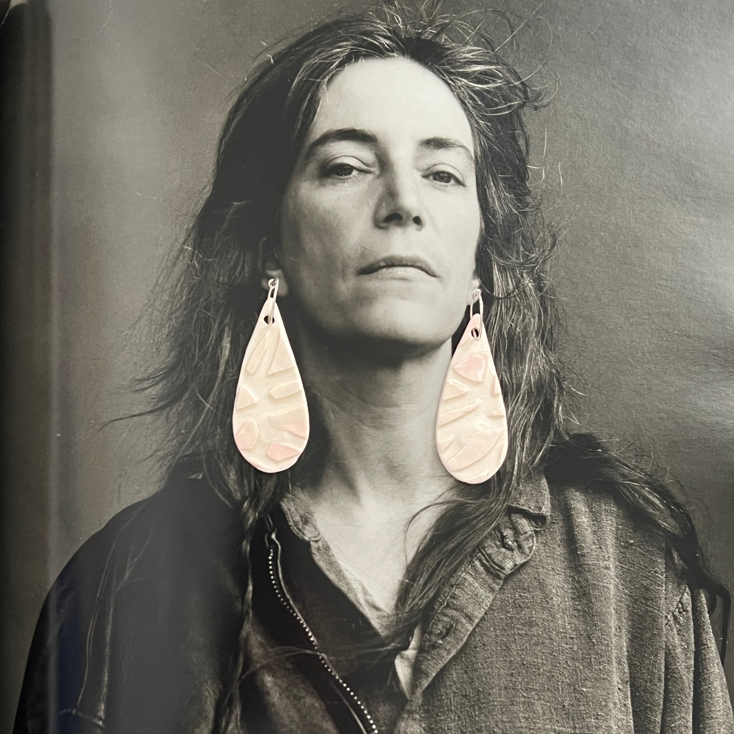 Pink & White porcelain long teardrop earrings: Sterling Silver hoops