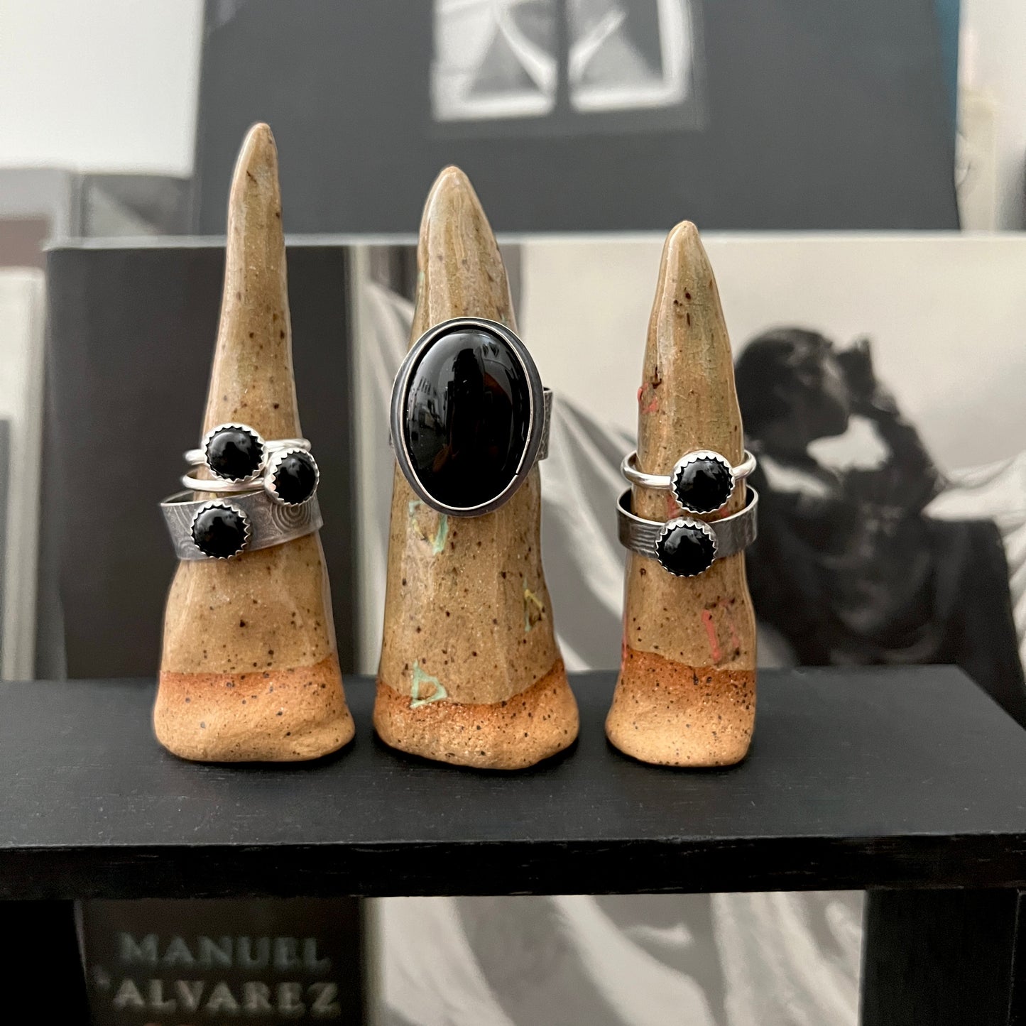 Onyx skinny stacking rings: Sterling Silver