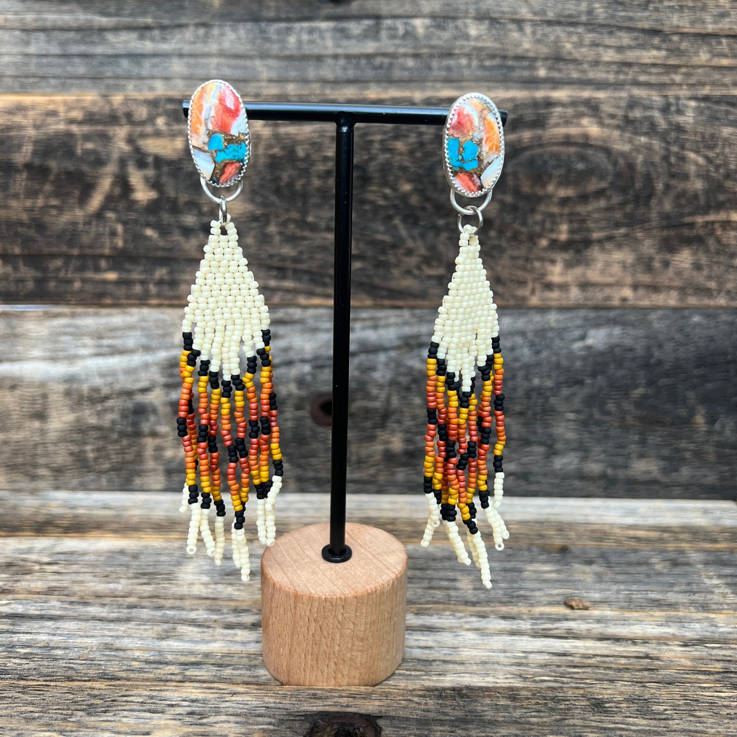 Kingman Mohave Turquoise Sterling Silver earrings with beaded fringe