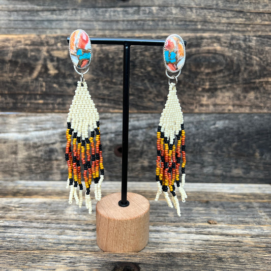 Kingman Mohave Turquoise Sterling Silver earrings with beaded fringe