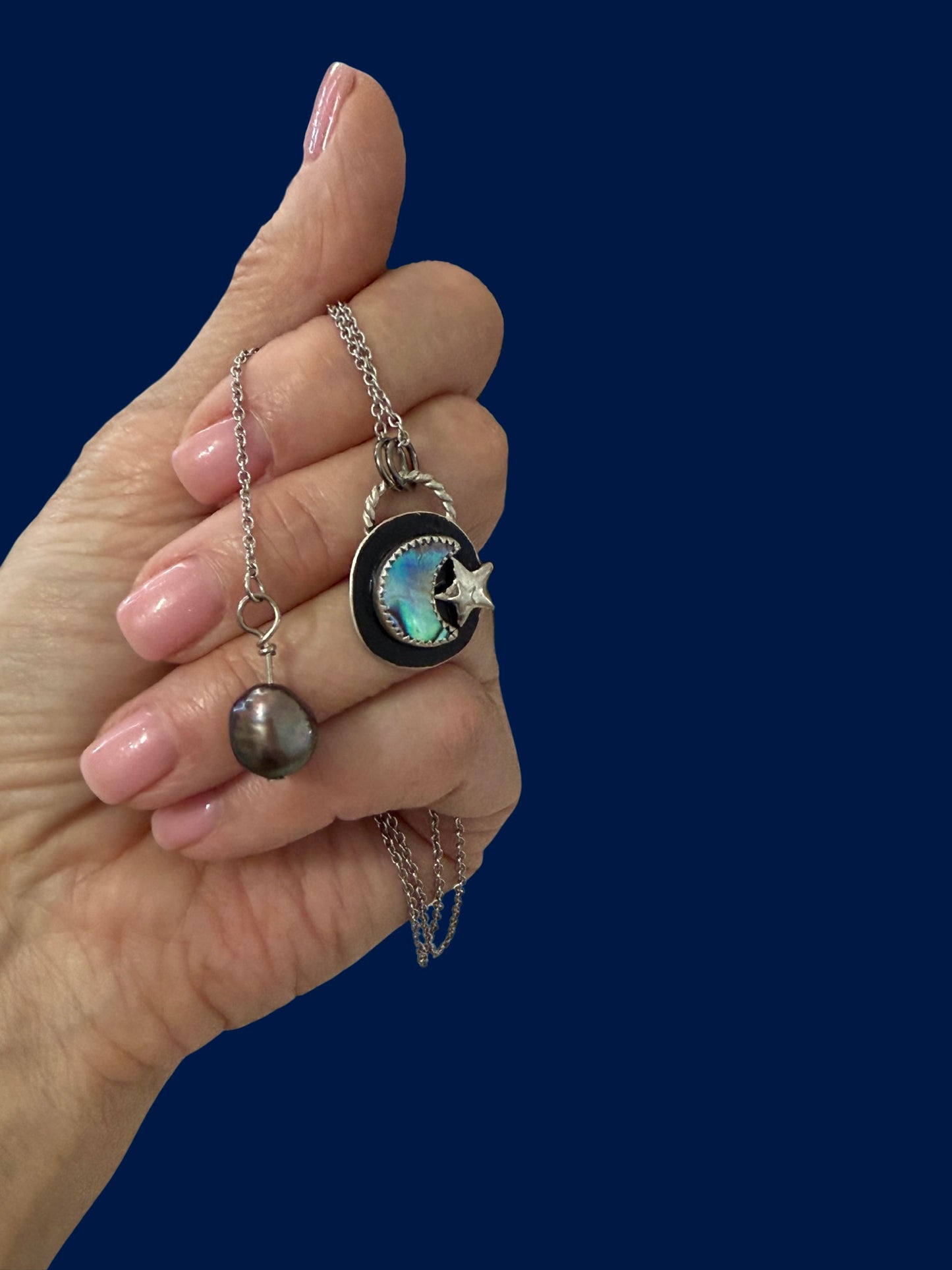 Crescent moon & star Sterling silver necklace with Abalone Shell and Peacock Pearl