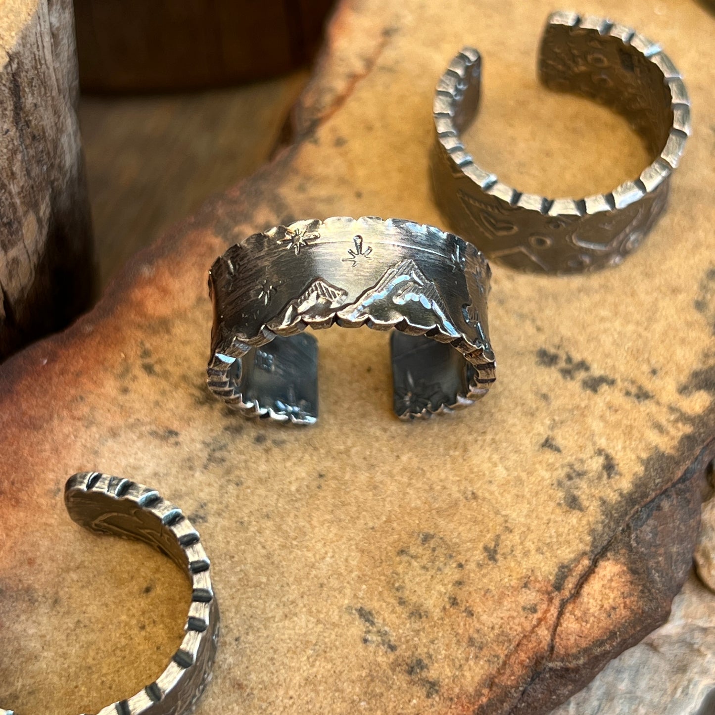 Starry Night Mountain Sunset wide band Sterling Silver Ring Size 9, one of a kind