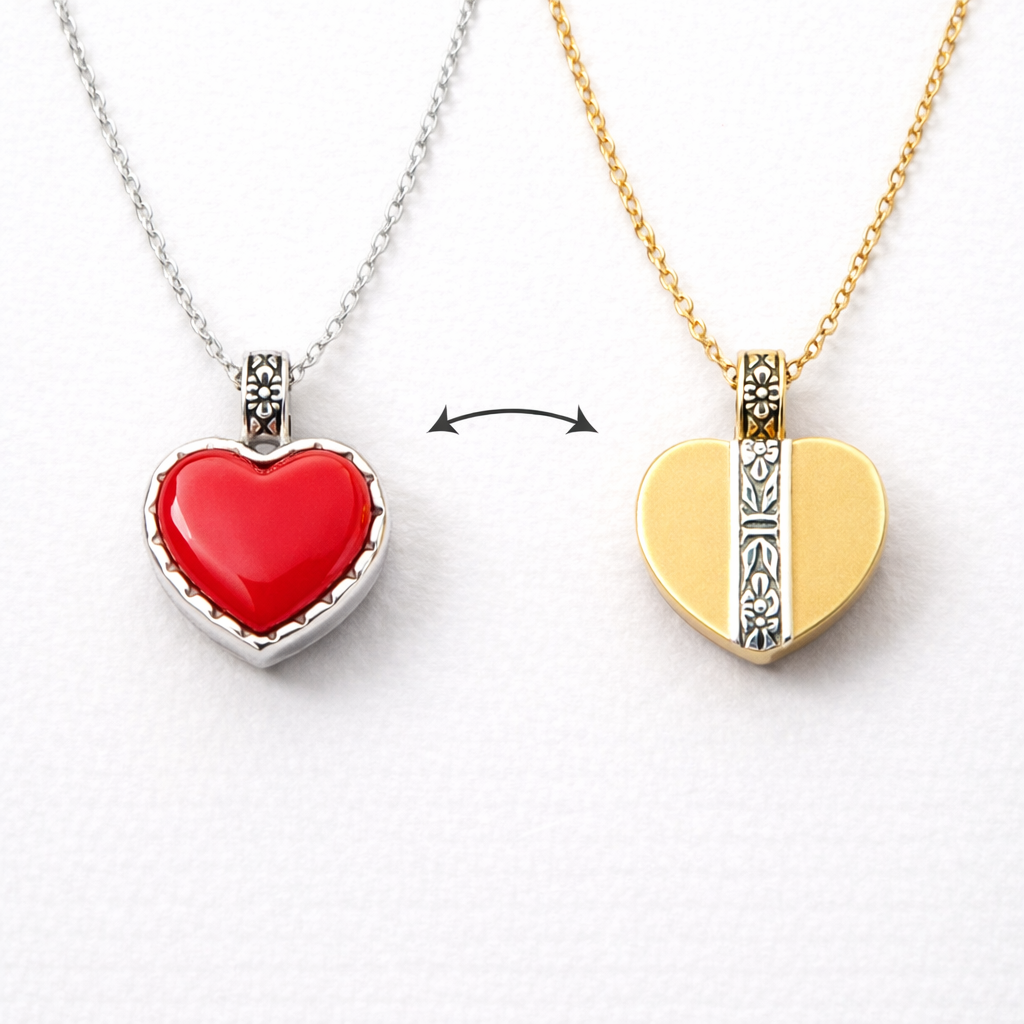 Reversible Heart Pendant Necklace: Silver & Gold