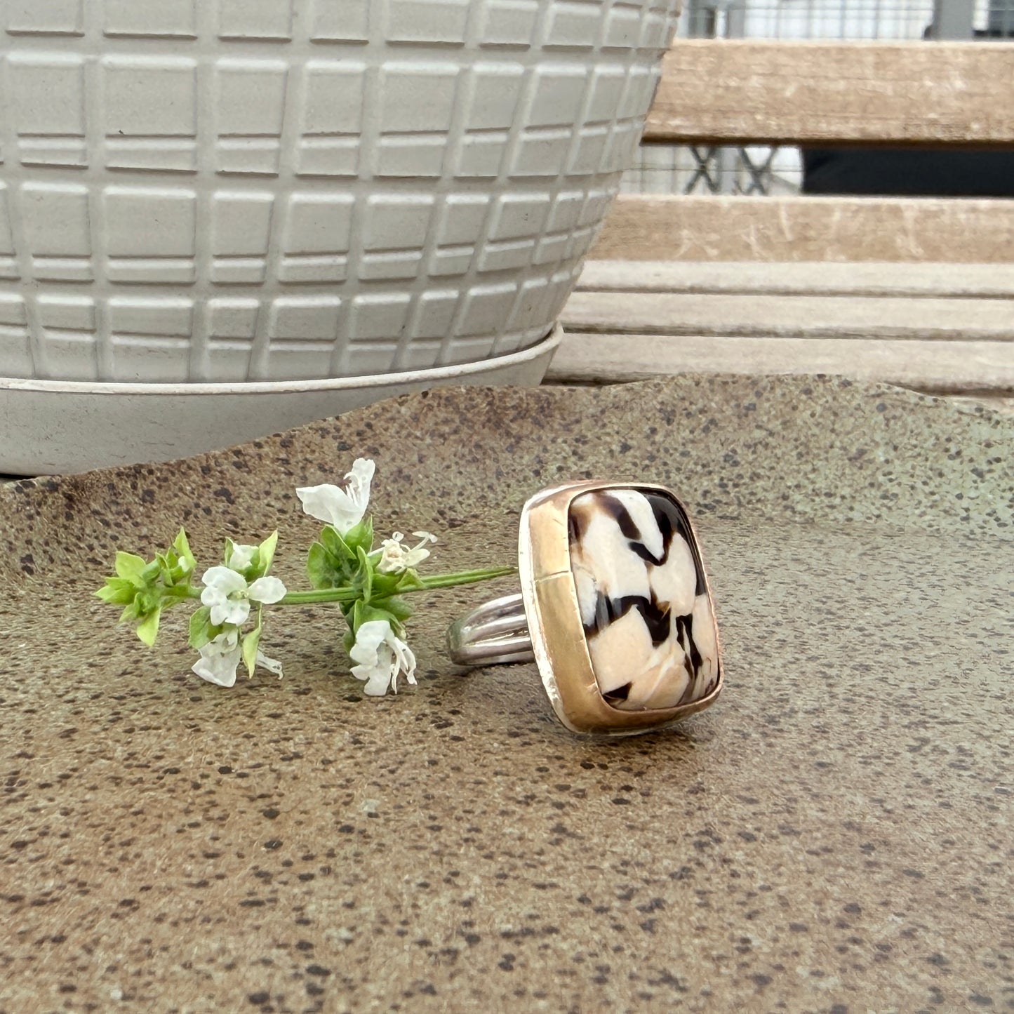 Fossil Peanut Wood silver and gold ring Size 6