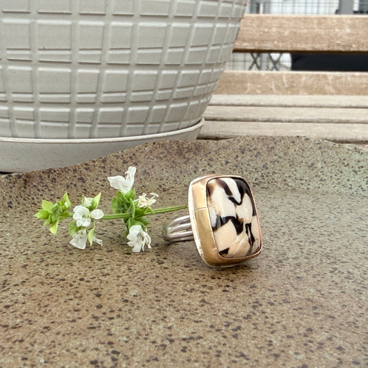 Fossil Peanut Wood silver and gold ring Size 6
