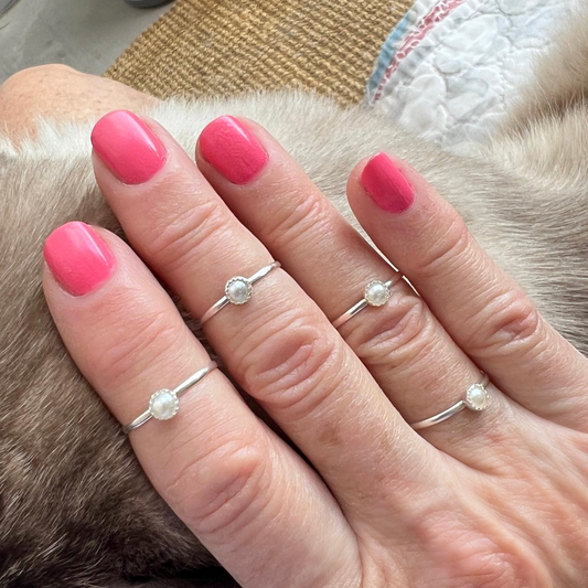 Dainty Vegan Pearl Stacking Rings in Sterling Silver
