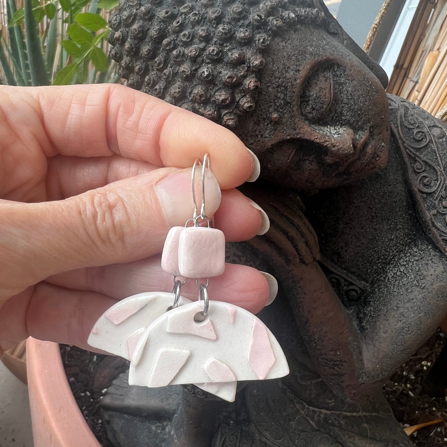 Pink & White Porcelain Earrings, Sterling Silver