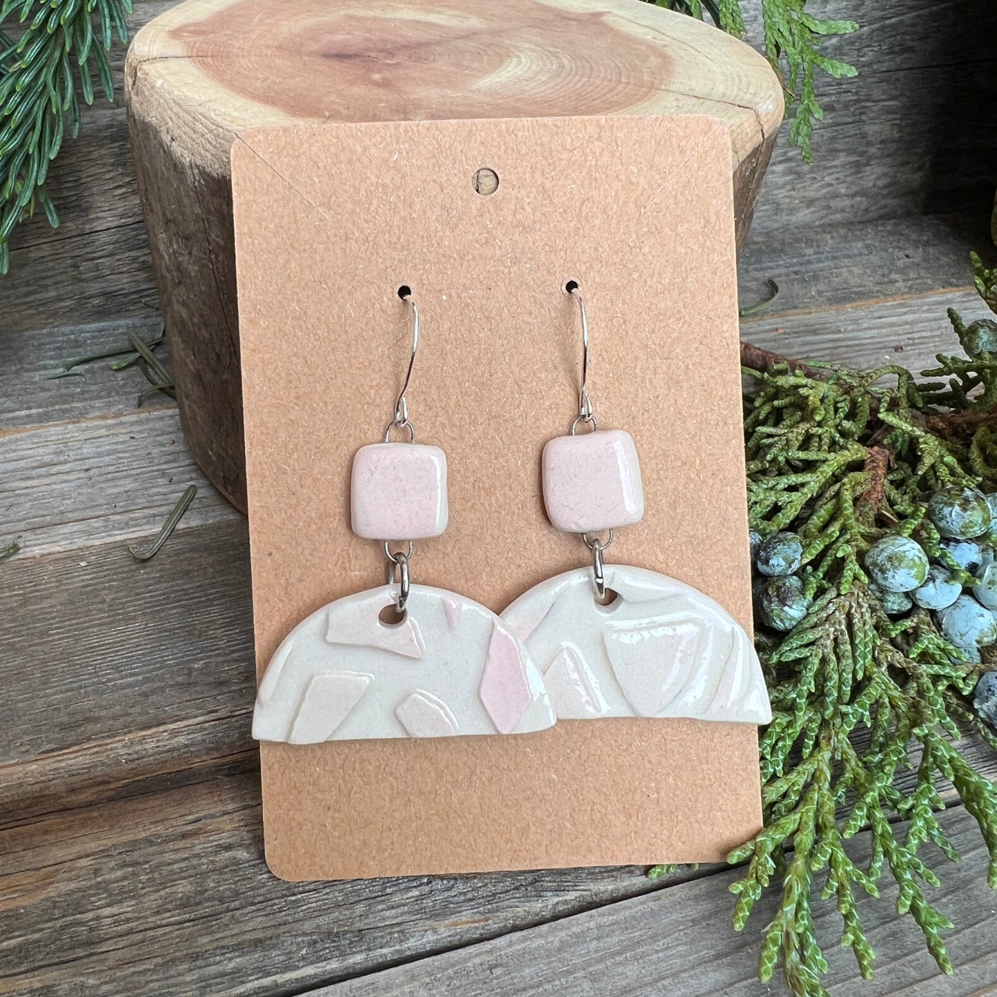 Pink & White Porcelain Earrings, Sterling Silver