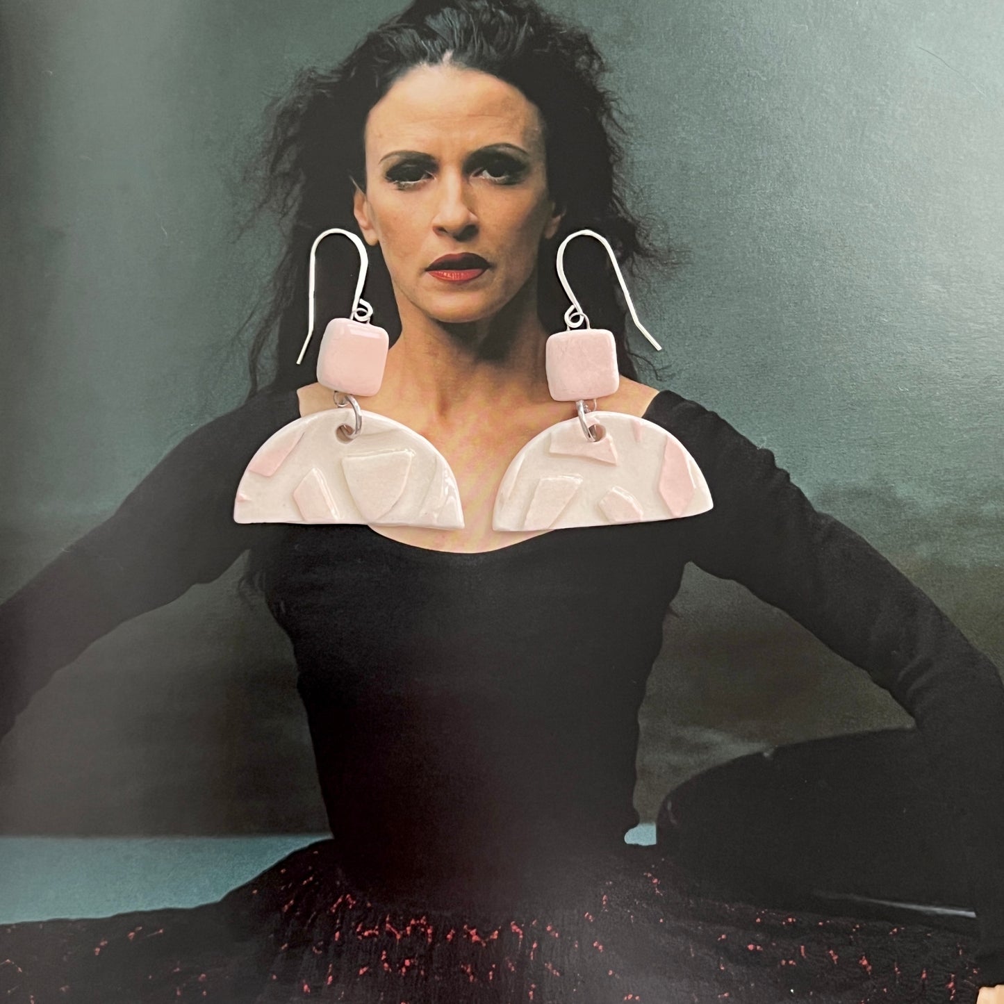 Pink & White Porcelain Earrings, Sterling Silver