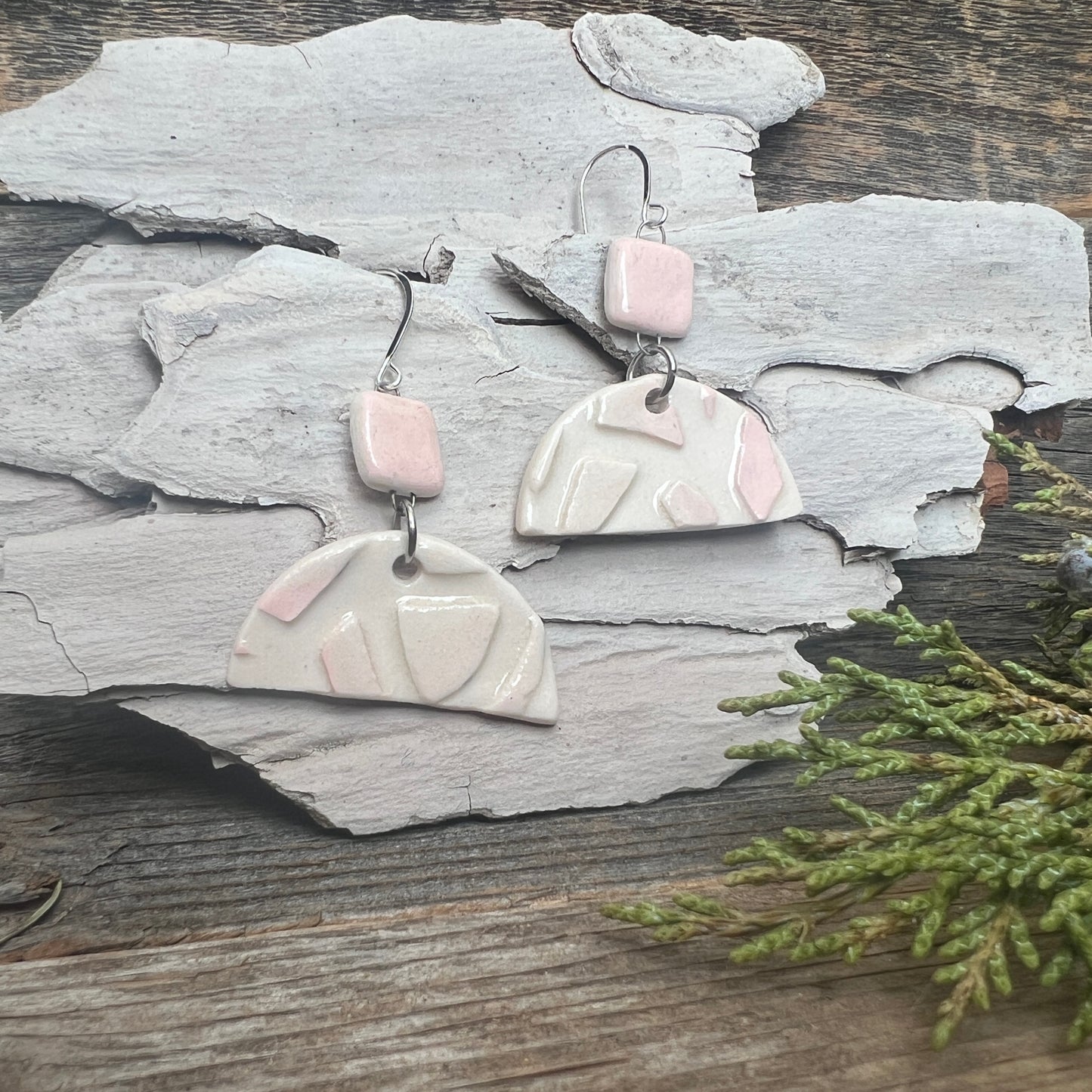 Pink & White Porcelain Earrings, Sterling Silver