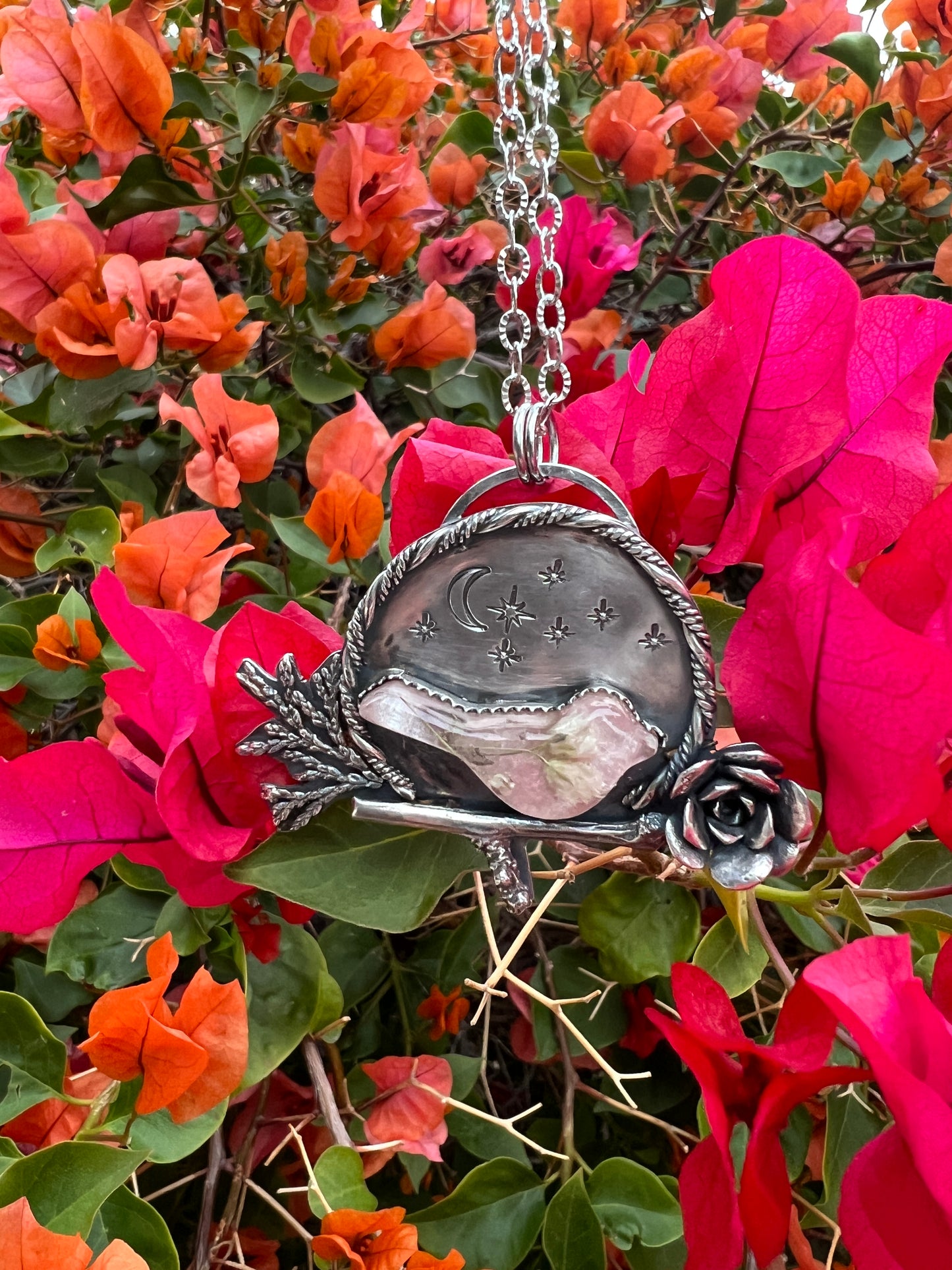 Pink Bird, Starry Night, Unique Sterling Silver necklace